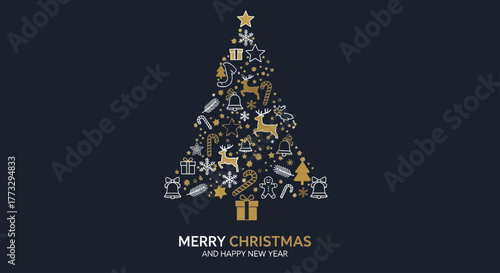 Festive Christmas tree design composed of various holiday-themed icons, with greetings.