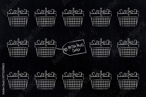 boxing day sale price tag surrounded by full shopping baskets