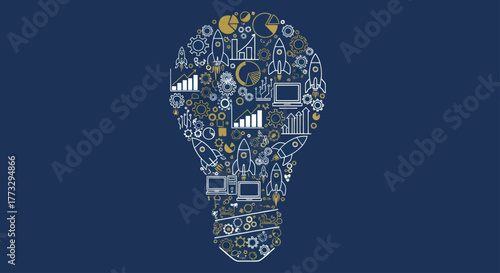 An artistic illustration of a lightbulb shape composed of various business and technology icons.