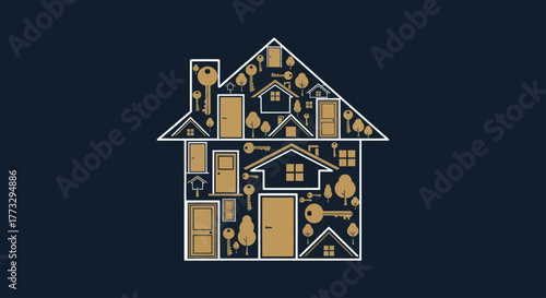 A graphic illustration of a house outline filled with golden doors, windows, keys, and trees on a dark blue background.