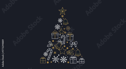 A festive Christmas tree silhouette composed of various holiday ornaments like stars, snowflakes, bells, bows, candy canes, and gift boxes, set against a dark background.