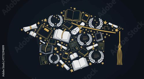 A graduation cap silhouette creatively formed from a collage of academic icons like books, diplomas, and laurel wreaths, symbolizing achievement and knowledge.