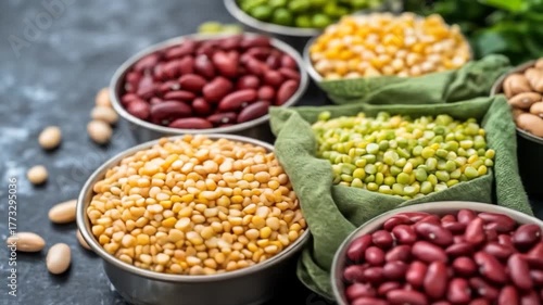 Assortment of various healthy legumes and grains in bowls on dark background