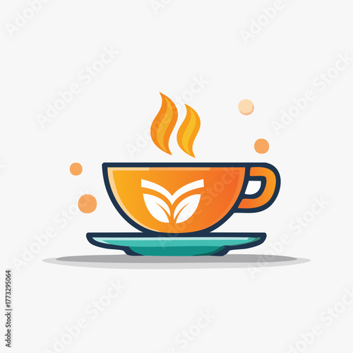 A vibrant illustration of a steaming cup of tea with a leaf design, perfect for a cafe or healthy beverage brand.