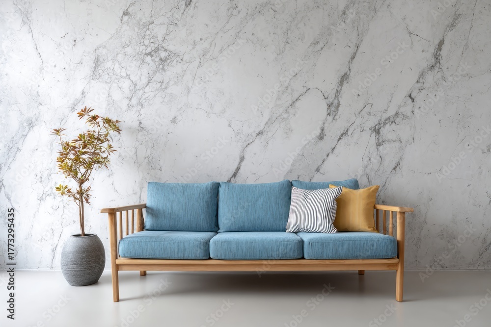 Fototapeta premium A contemporary blue sofa sits against a textured marble wall with a potted plant.