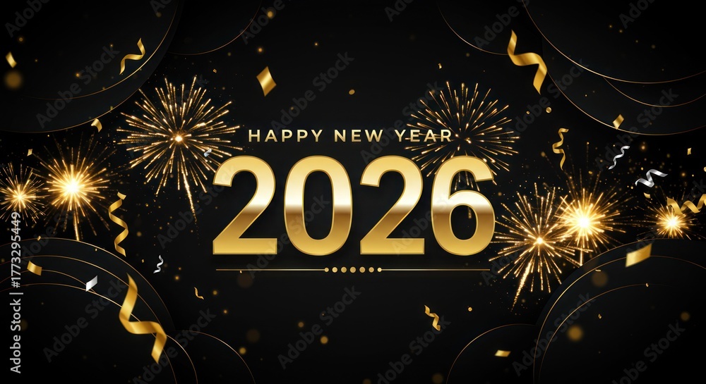 Fototapeta premium Elegant golden fireworks with Happy New Year 2026 on black backdrop.