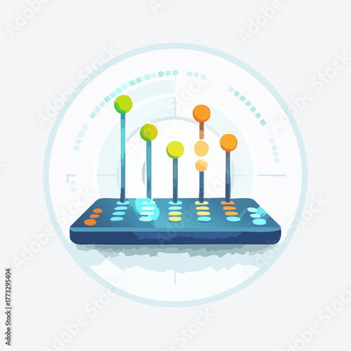 Audio mixing console with sliders and colorful lights.