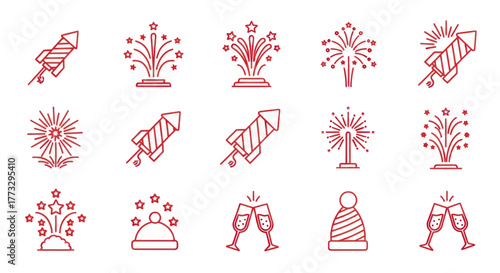Collection of festive red line art icons, perfect for celebrations and events.