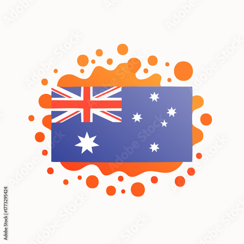 Australian Flag with Abstract Orange Splatter Background.