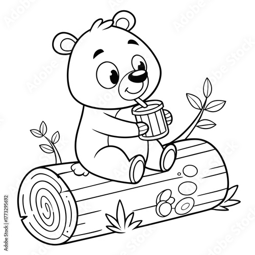 Cartoon Bear Cub Coloring Page: Nature Drink on Log