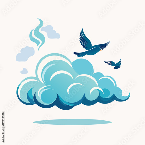 Birds soaring above fluffy clouds in the bright blue sky.