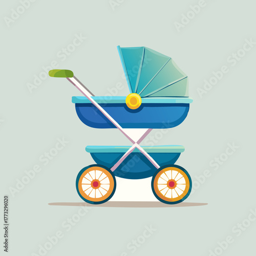 Blue Baby Stroller with Canopy and Wheels Illustration.