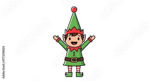 A cheerful cartoon Christmas elf character is shown standing with arms outstretched and a wide smile, wearing a green tunic, a pointy hat, striped stockings, and curly shoes.