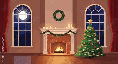 An inviting Christmas living room at night with a beautifully decorated tree, a warm crackling fireplace, glowing candles, and the full moon shining through the windows.