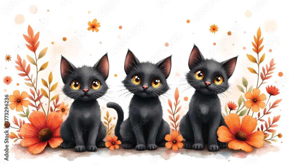 Fototapeta premium Three Cute Black Cats with Flowers Autumn Halloween Illustration