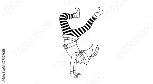 A cheerful Christmas elf in a pointed hat and striped pants does a handstand, showcasing playful acrobatics in this black and white line art.