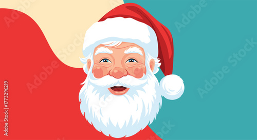 A cheerful and friendly cartoon illustration of Santa Claus smiling warmly, set against a modern, multi-colored background of red, beige, and teal, perfect for holiday greetings and festive designs.
