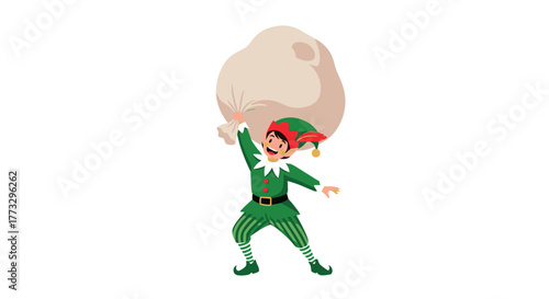A happy Christmas elf, dressed in festive green clothing, cheerfully carries a large, overflowing sack of holiday gifts over his shoulder, ready for delivery.