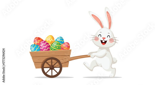 A cheerful white Easter bunny happily pulls a wooden cart overflowing with various vibrantly colored and patterned eggs, celebrating the spring holiday season.