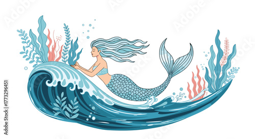 A serene illustration of a graceful mermaid with flowing blue hair and a scaled tail, swimming through rolling ocean waves and vibrant underwater seaweed.