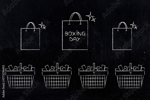 boxing day sale shopping bags with full shopping baskets illustration