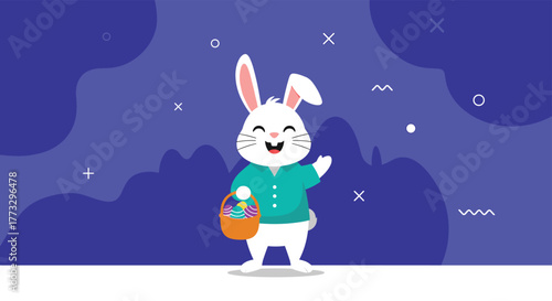 A cute and cheerful white Easter bunny cartoon character, wearing a teal shirt, smiles and waves while holding a festive basket of colorful Easter eggs.