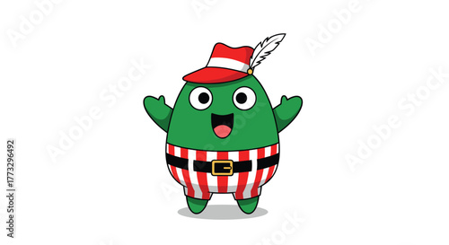 A cheerful green cartoon character dressed in a traditional Bavarian-style hat with a feather and striped pants, smiling and welcoming.