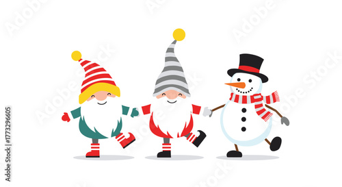 Two cheerful gnomes and a friendly snowman with festive hats and scarves hold hands, dancing happily to celebrate the winter holidays.