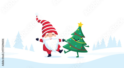Adorable Santa Claus and a happy Christmas tree character dancing merrily in a snowy winter landscape, spreading festive cheer and holiday joy.