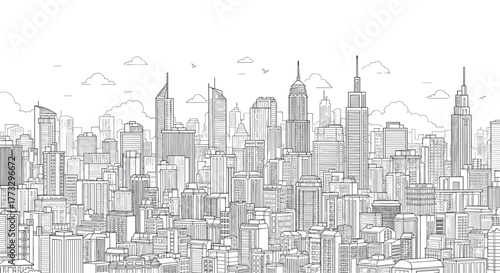 A detailed black and white hand-drawn illustration depicting a sprawling urban cityscape with numerous modern buildings and classic skyscrapers forming a dynamic skyline.