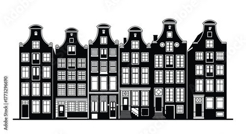 A striking silhouette illustration showcasing a detailed row of traditional Dutch canal houses, highlighting their iconic gabled facades and historical architecture.