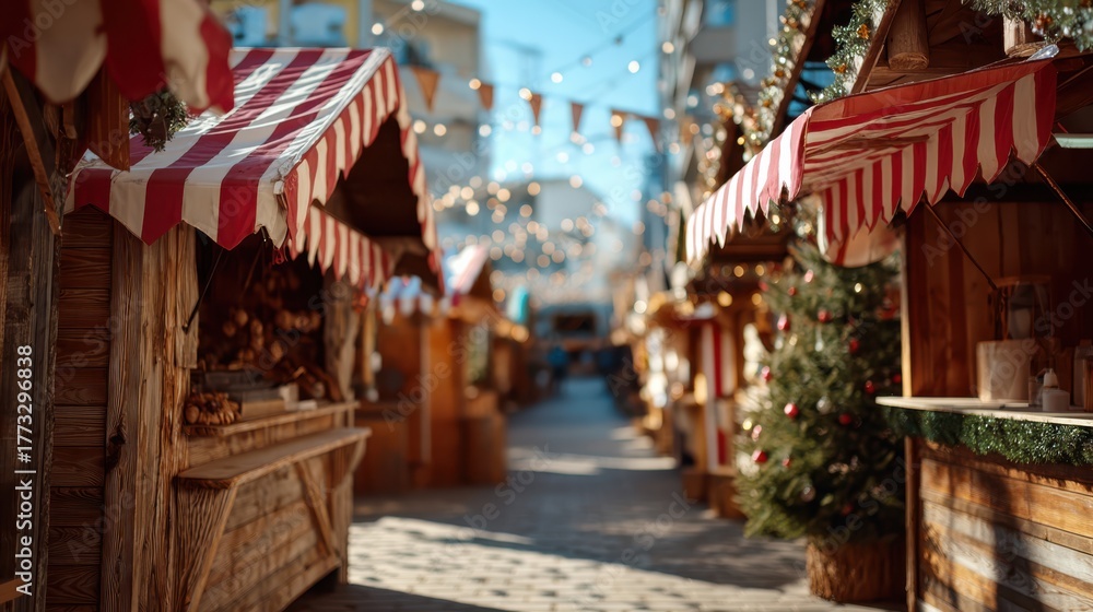 Obraz premium A cozy market street adorned with festive decorations, wooden stalls, and twinkling lights, creating a vibrant and inviting atmosphere.