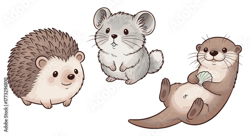 Cute hedgehog chinchilla and otter cartoon illustration adorable animal clip art for kids and design 100