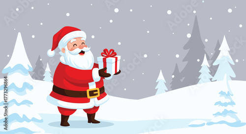 A cheerful Santa Claus stands happily in a serene, snow-covered winter wonderland, holding a neatly wrapped Christmas gift amidst falling snowflakes and pine trees.