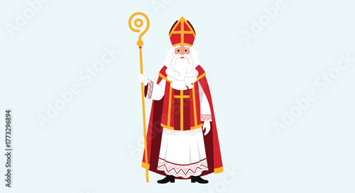 A traditional Sinterklaas, or Saint Nicholas, figure, in his distinct red and white bishop's attire, complete with a miter and golden crozier, celebrating the festive season.