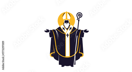 A stylized graphic illustrates a saint or bishop in black and gold vestments, featuring a miter, halo, and crozier, with arms open in a gesture of blessing or welcome.