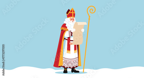 A cheerful illustration of Sinterklaas, or Saint Nicholas, depicted in his traditional red and white ceremonial bishop's robes, holding a festive scroll and a golden crosier on a winter day.