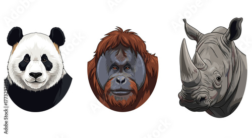 Illustrations of wildlife animals panda orangutan and rhino for conservation and nature awareness art