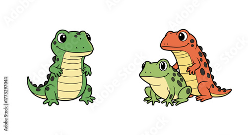 Cute cartoon reptiles and amphibians drawing: lizard and frog illustrations for kids educational content
