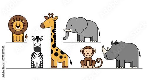 Cartoon safari animals vector illustration featuring lion giraffe elephant zebra rhino and monkey design element