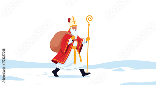 Sinterklaas, or Saint Nicholas, a revered bishop figure, walks through a pristine snowy landscape, carrying a brown gift sack and his ornate golden bishop's crosier.