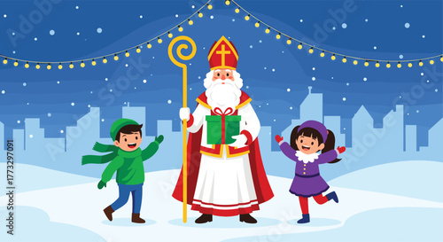Sinterklaas, or Saint Nicholas, holds a gift and his staff, smiling warmly with two joyful children dressed in winter clothes in a snowy city adorned with festive string lights.