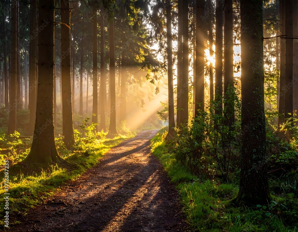 Fototapeta premium Sun rays stream through trees onto a forest path