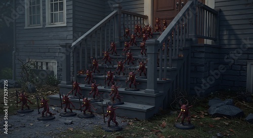 Fototapeta Naklejka Na Ścianę i Meble -  A shot of a house's foundation and front steps. An army of 50 identical, small, glowing-eyed demon figurines are arranged