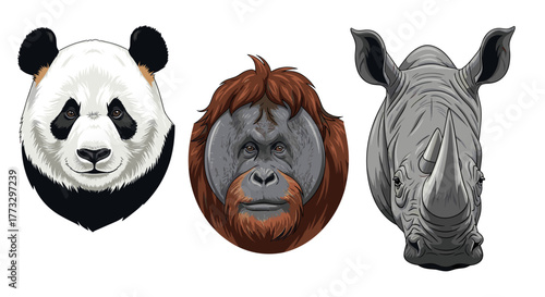 Endangered animals illustration featuring panda orangutan and rhino wildlife conservation art print design one hundred