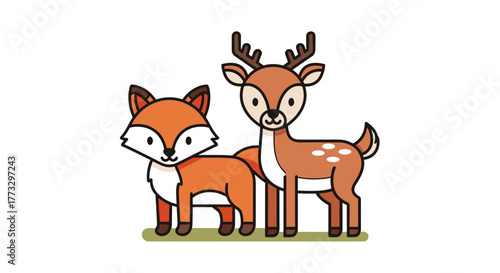 Cute cartoon fox and deer illustration vector graphic for children book or print design element, isolated