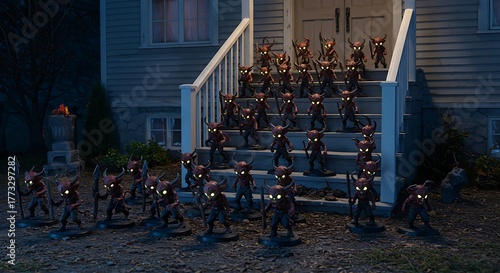 Fototapeta Naklejka Na Ścianę i Meble -  A shot of a house's foundation and front steps. An army of 50 identical, small, glowing-eyed demon figurines are arranged