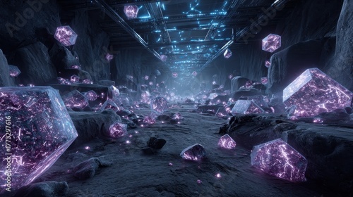 Futuristic neon holographic mining scene in a deep cave environment showcasing ethereal crystals and high-tech elements