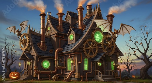 A steampunk Halloween house, copper piping and brass fittings covering the exterior, vents releasing pumpkin-spice scented steam