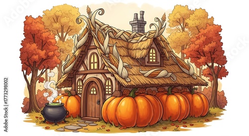 A thatched-roof cottage where the thatch is entirely made of dried corn husks and straw, and giant orange pumpkins form the foundation of the house